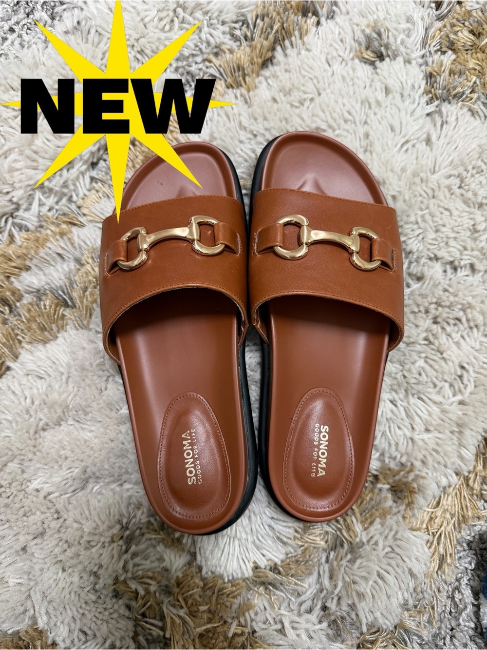 NEW size 8 cognac brown slide with gold horsebit detail size 8